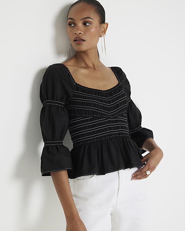 Black shirred stitched blouse