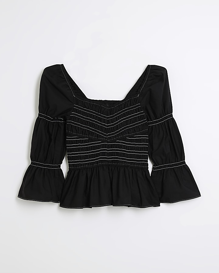 Black shirred stitched blouse
