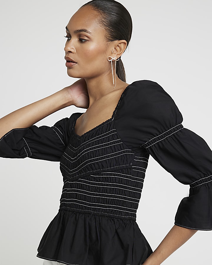 Black shirred stitched blouse