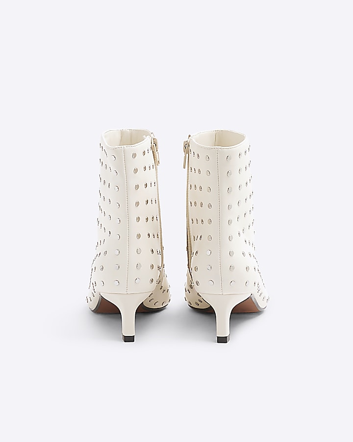 Cream Studded Kitten Heel Boots