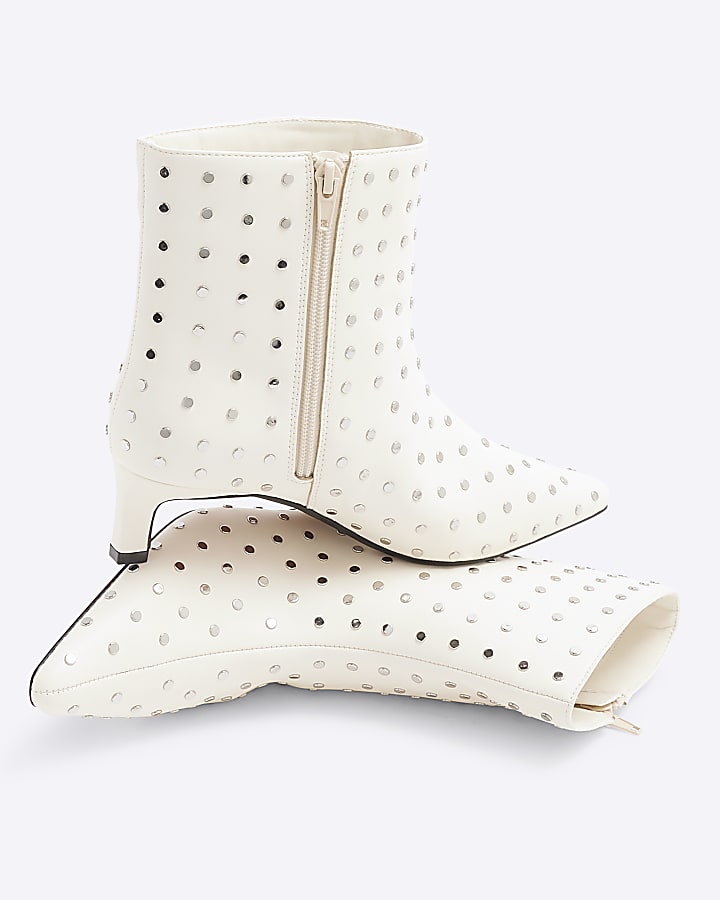 Cream Studded Kitten Heel Boots