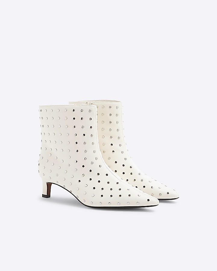 Cream Studded Kitten Heel Boots