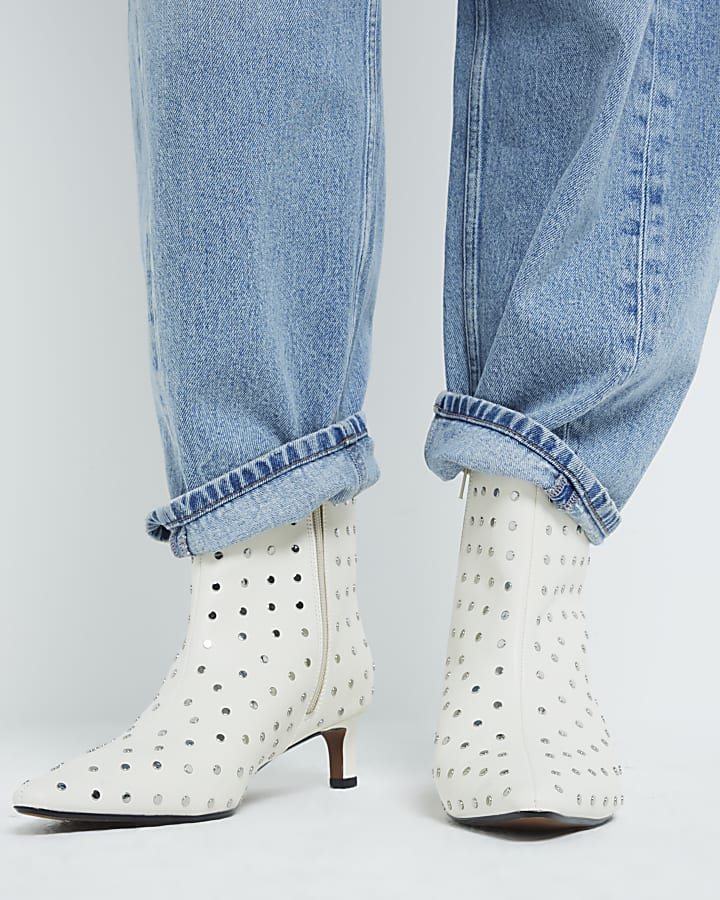 Cream Studded Kitten Heel Boots