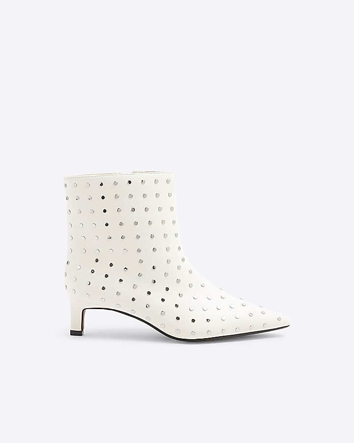 Cream Studded Kitten Heel Boots