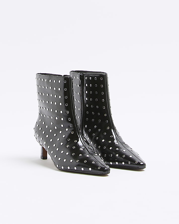 Black Studded Kitten Heel Boots