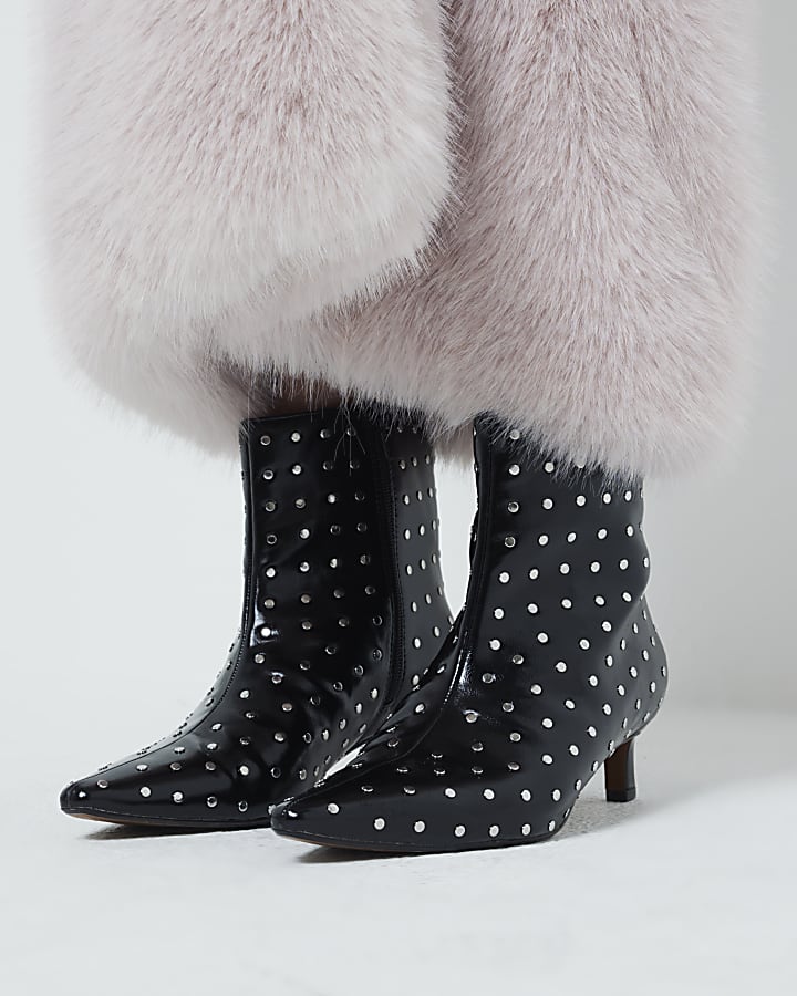 Black Studded Kitten Heel Boots