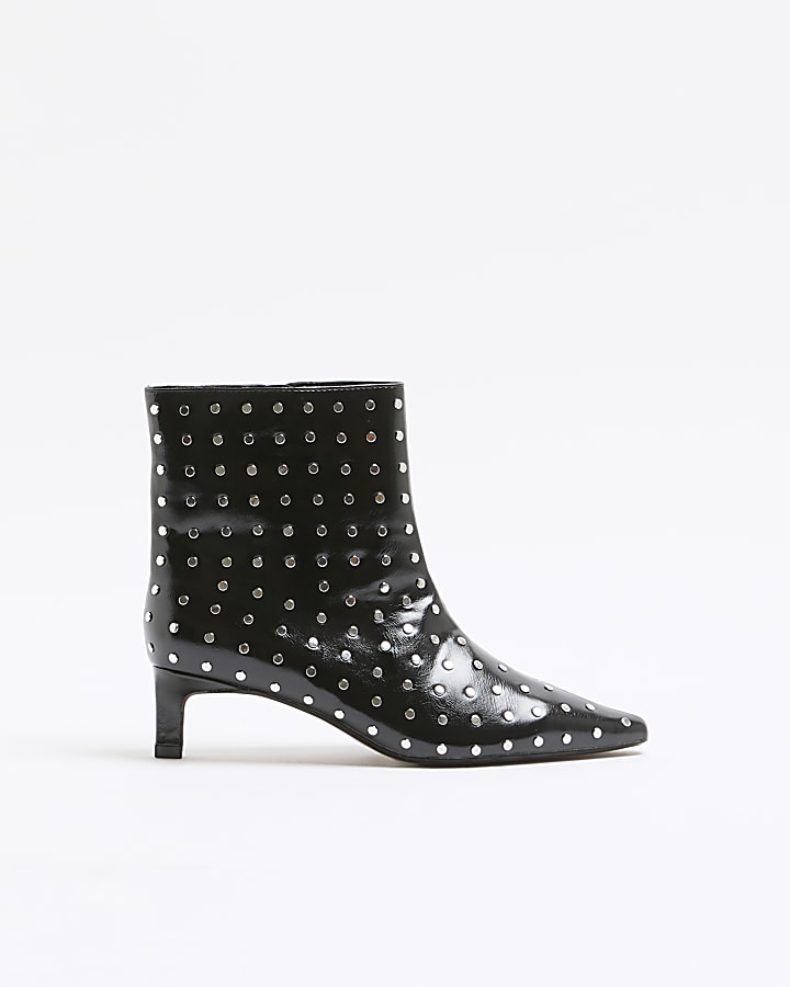 Black Studded Kitten Heel Boots