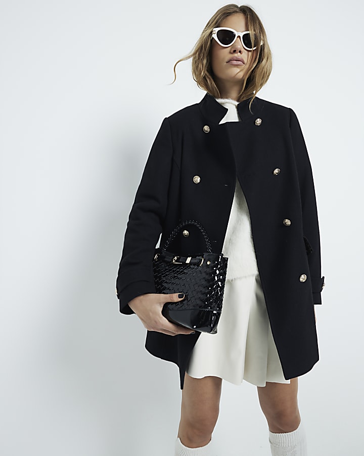 Black Military Midi Length Coat River Island