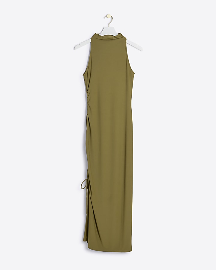 Green Ruched High Neck Bodycon Midi Dress