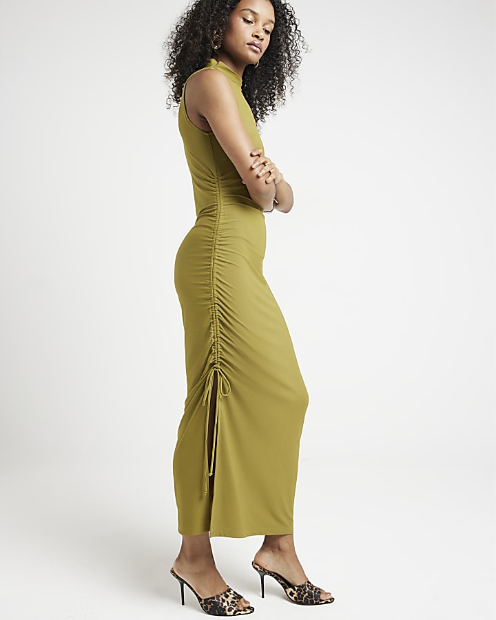 Green Ruched High Neck Bodycon Midi Dress