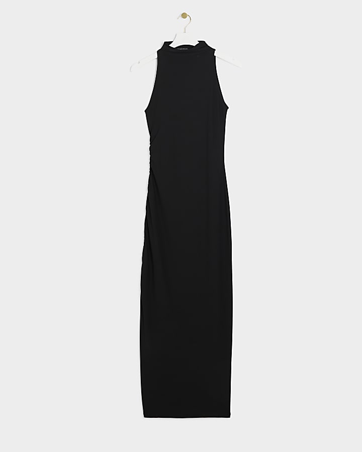 Black ruched high neck bodycon midi dress