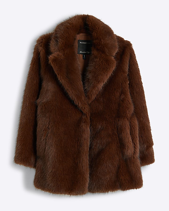 Petite Brown faux fur coat