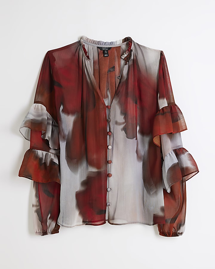 Red abstract print frill blouse