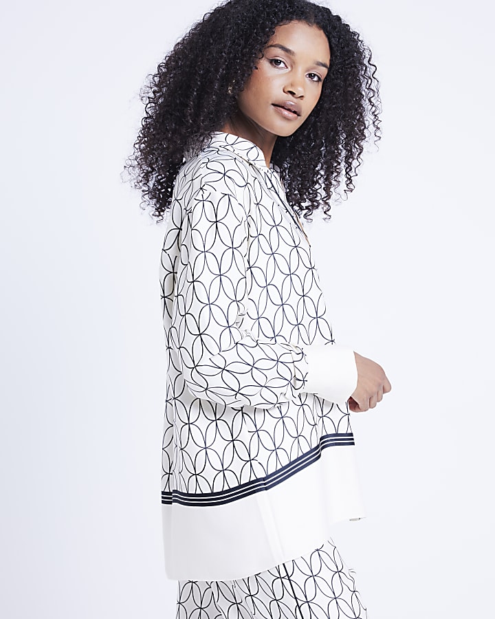 White satin geometric long sleeve shirt