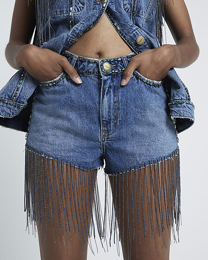 Blue Denim Fringed Shorts