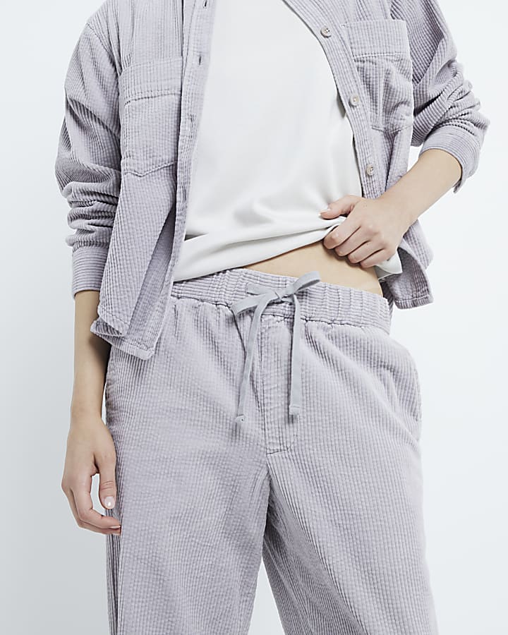 Grey Corduroy Wide Leg Pull On Trousers