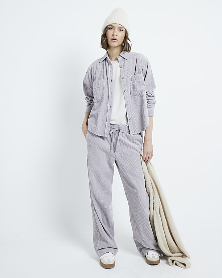 Grey Corduroy Wide Leg Pull On Trousers