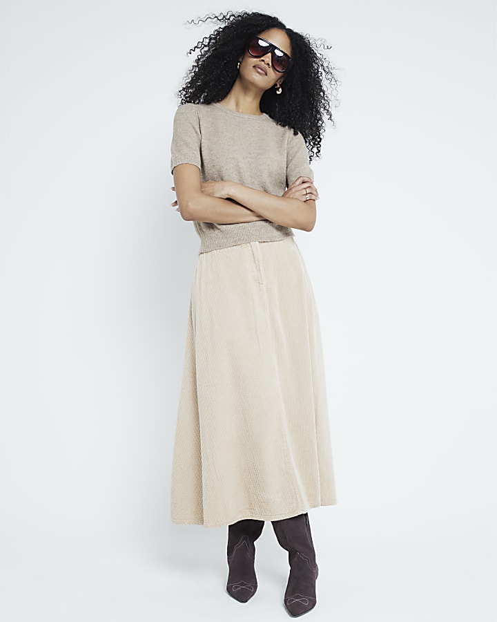 Beige Corduroy Midi Skirt