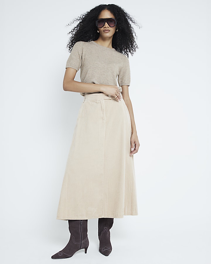 Beige Corduroy Midi Skirt