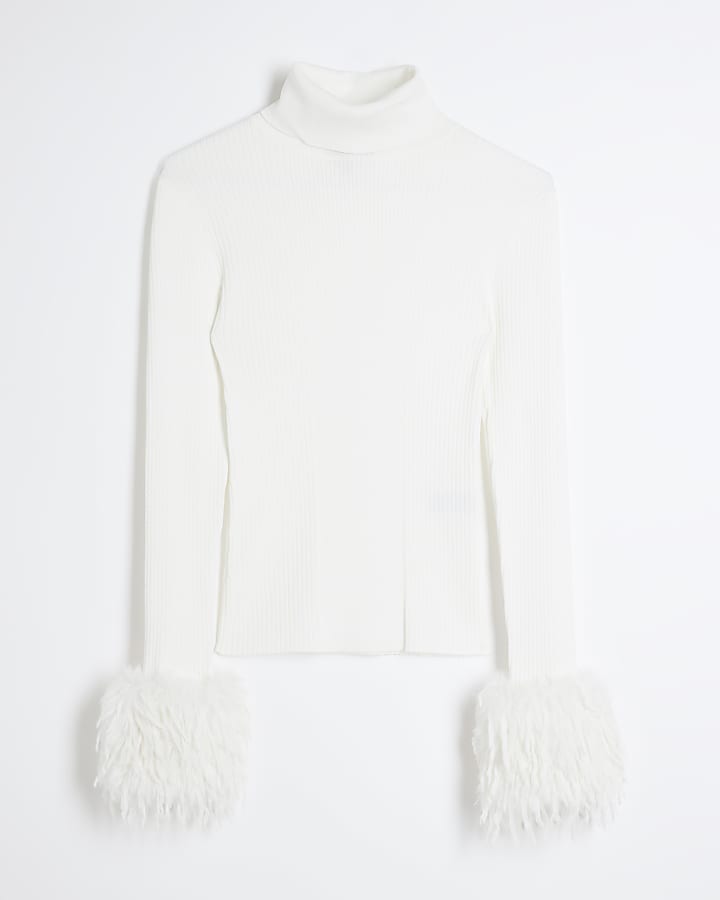 Cream Long Sleeve Feather Cuff Roll Neck Top