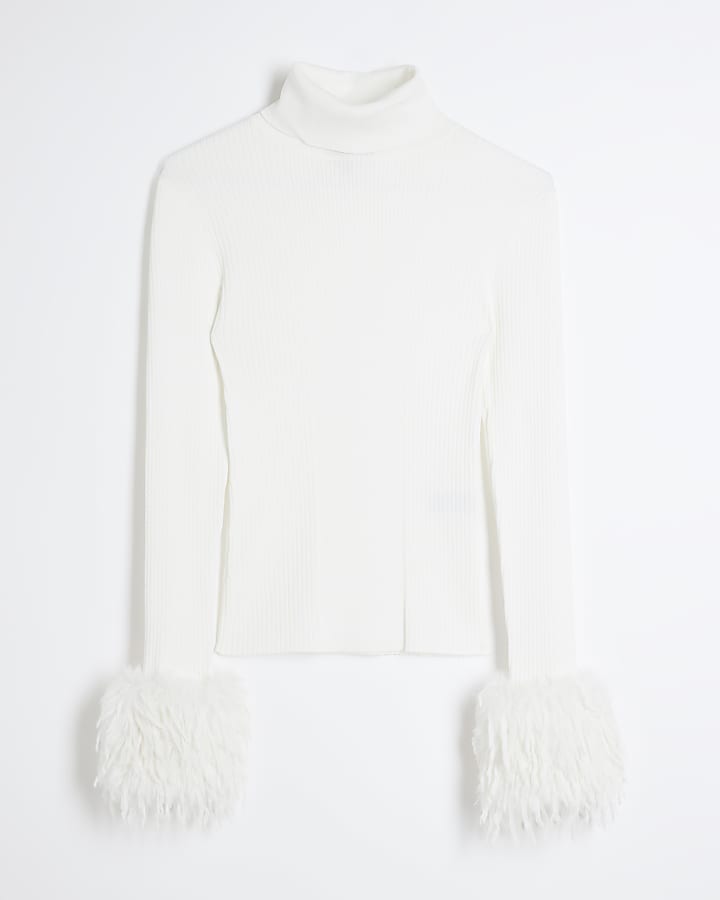 Cream Long Sleeve Feather Cuff Roll Neck Top