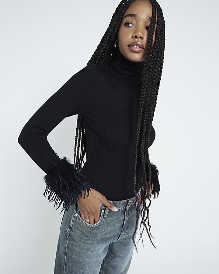 Black Long Sleeve Feather Cuff Roll Neck Top River Island