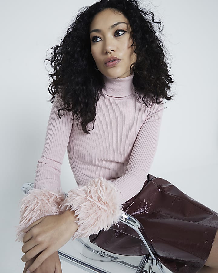 Pink Long Sleeve Feather Cuff Roll Neck Top
