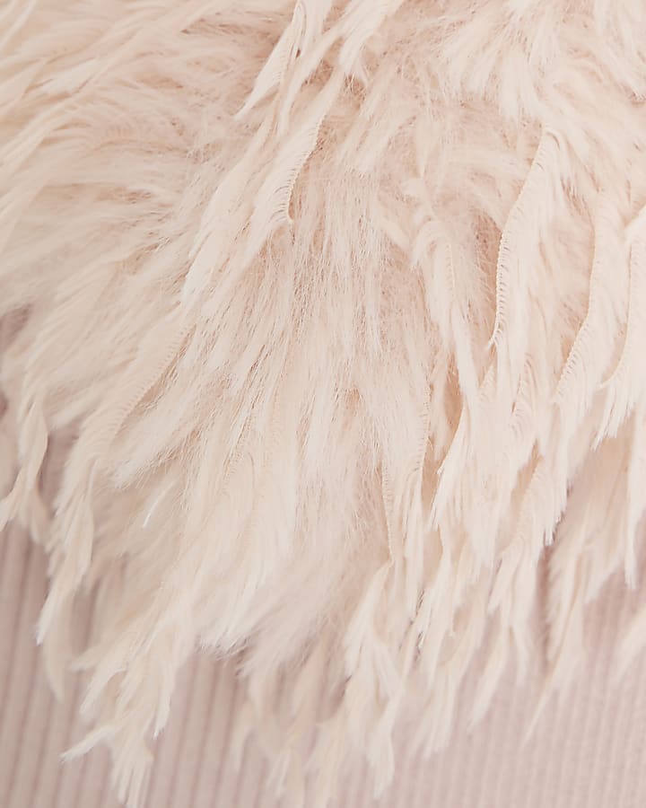 Pink Long Sleeve Feather Cuff Roll Neck Top