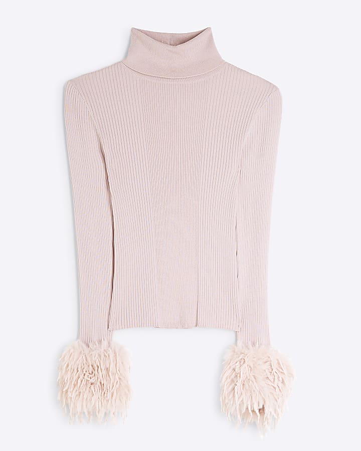 Pink Long Sleeve Feather Cuff Roll Neck Top