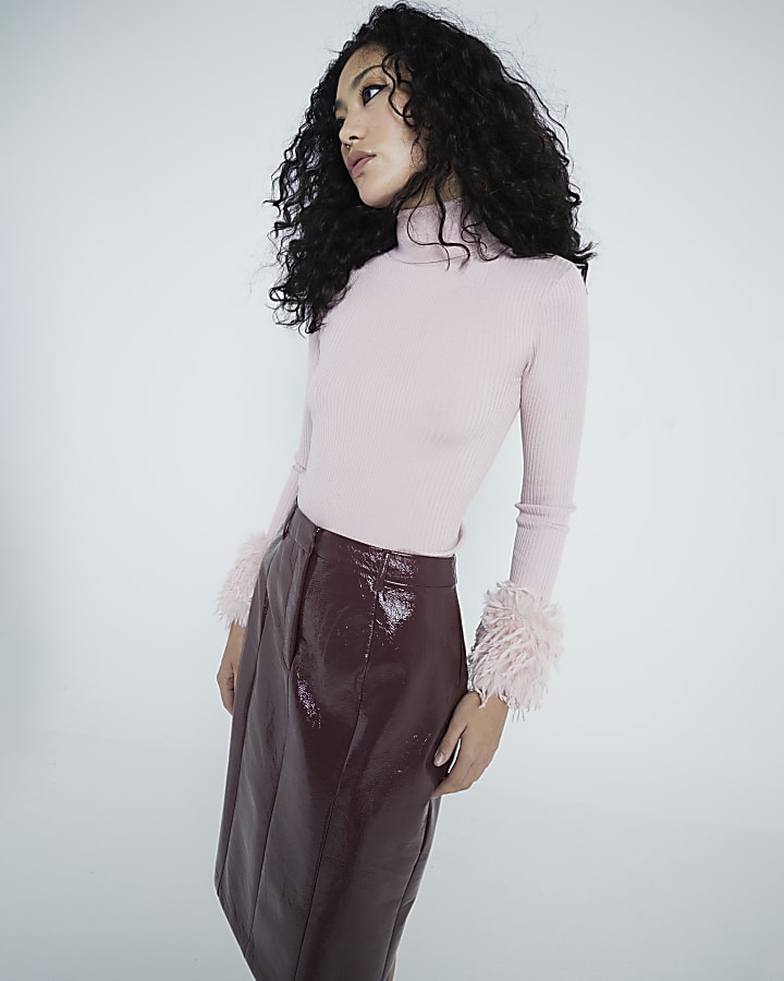 Pink Long Sleeve Feather Cuff Roll Neck Top