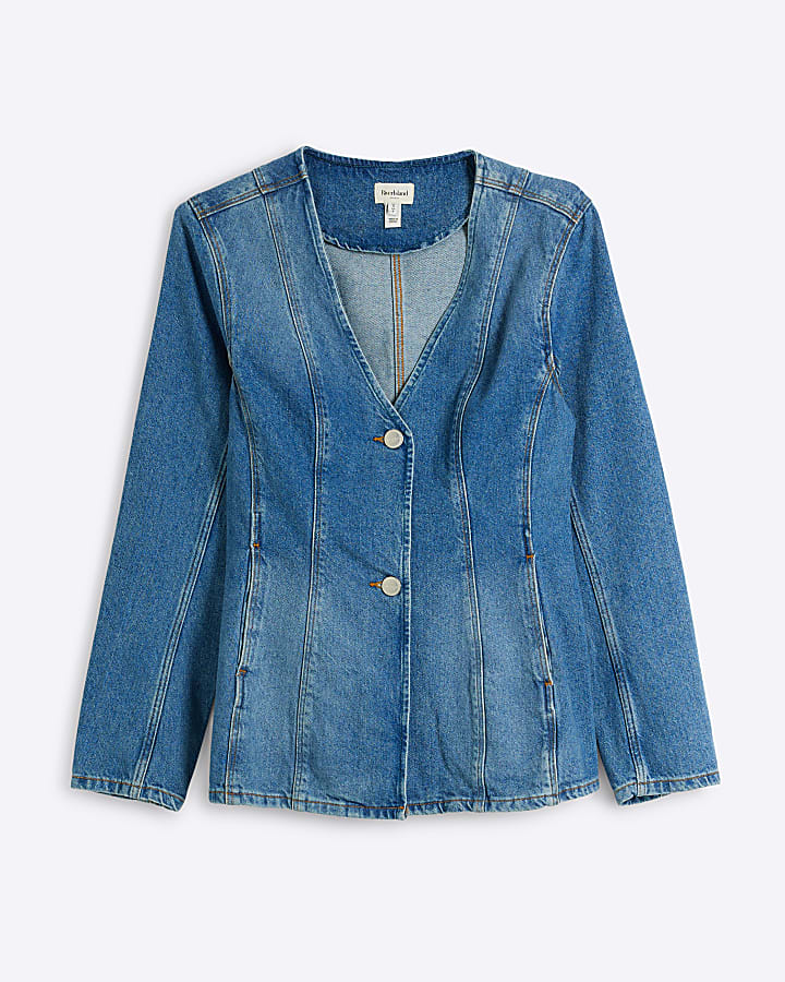 Blue denim fitted long sleeve blazer