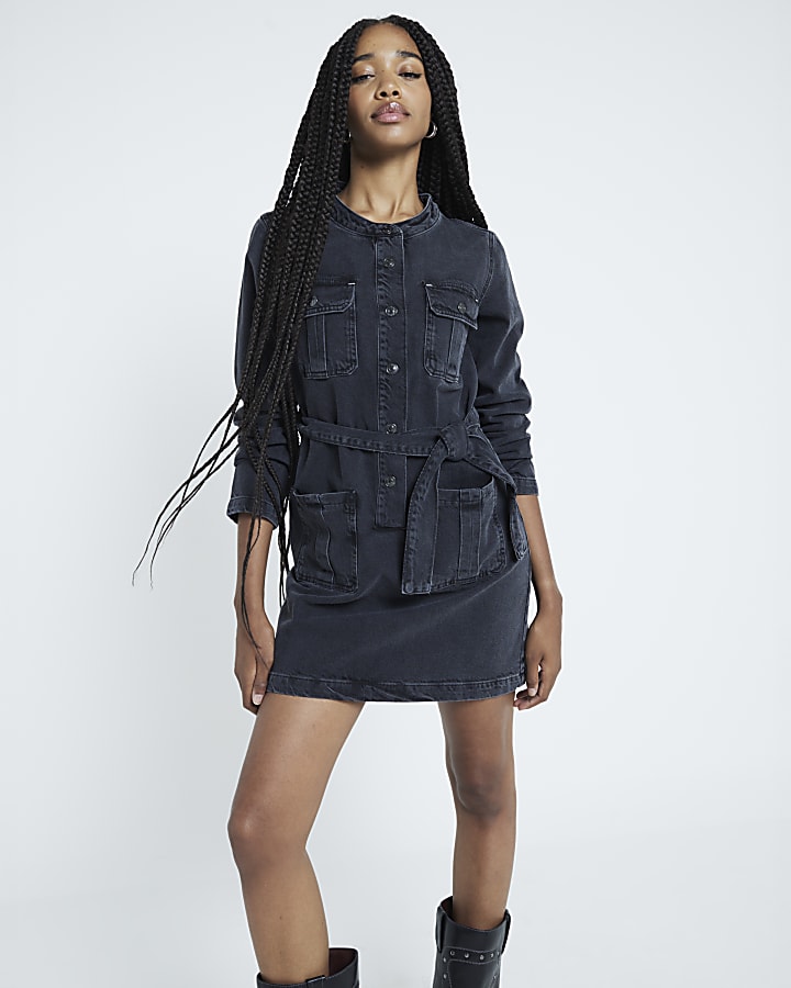 Black Denim Utility Mini Dress