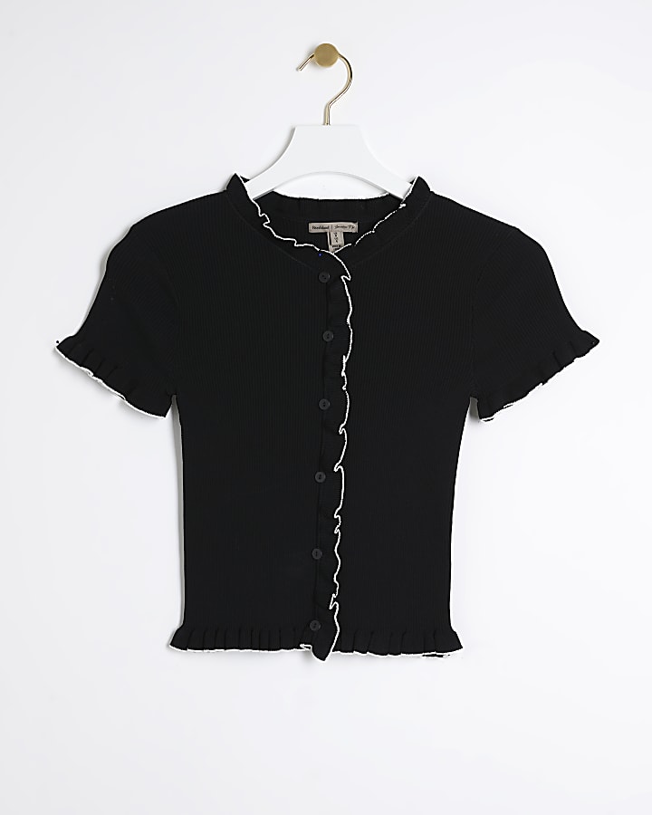 Black ribbed frill t-shirt