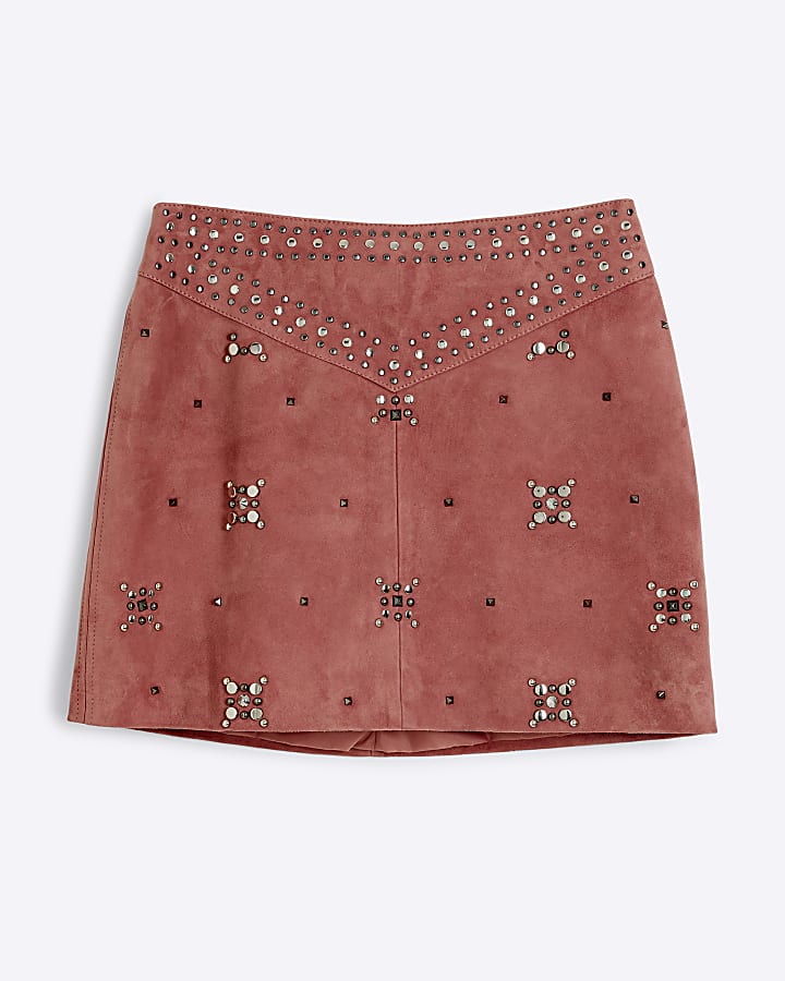 Pink suede studded mini skirt