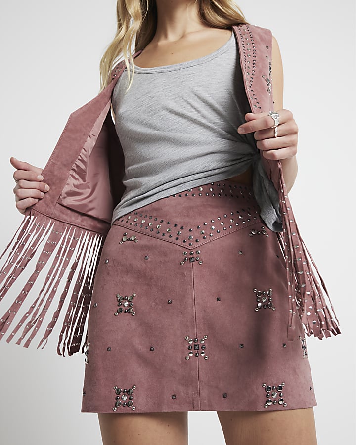 Pink suede studded mini skirt River Island