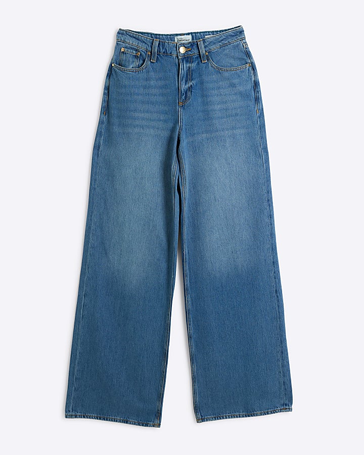 Blue Mid Rise Wide Leg Jeans