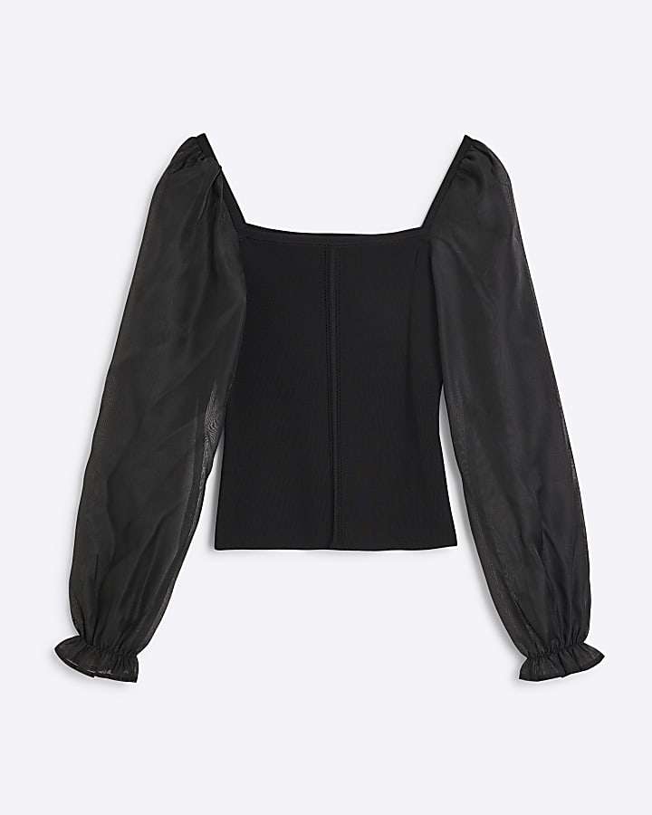 Black Long Sleeve Square Neck Organza Top