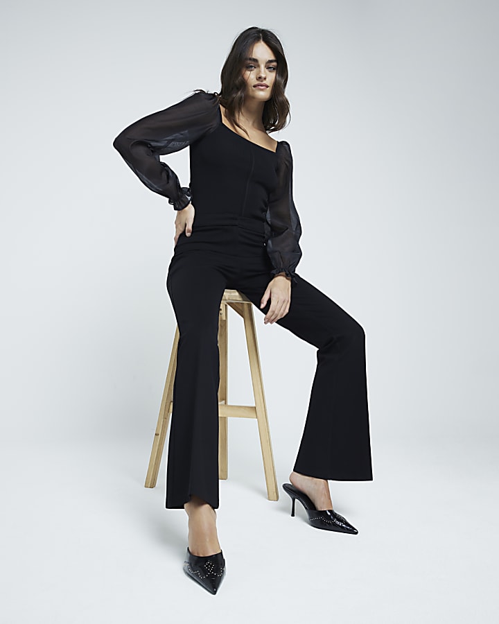 Black Long Sleeve Square Neck Organza Top
