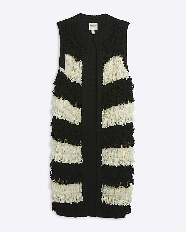 Black Fringe Knit Stripe Longline Cardigan