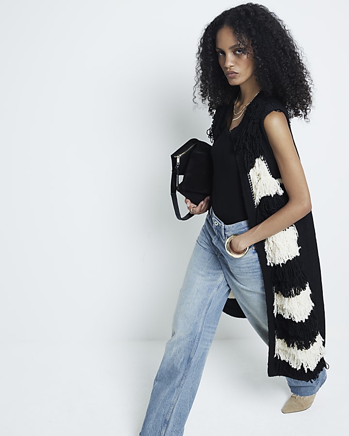 Black Fringe Knit Stripe Longline Cardigan