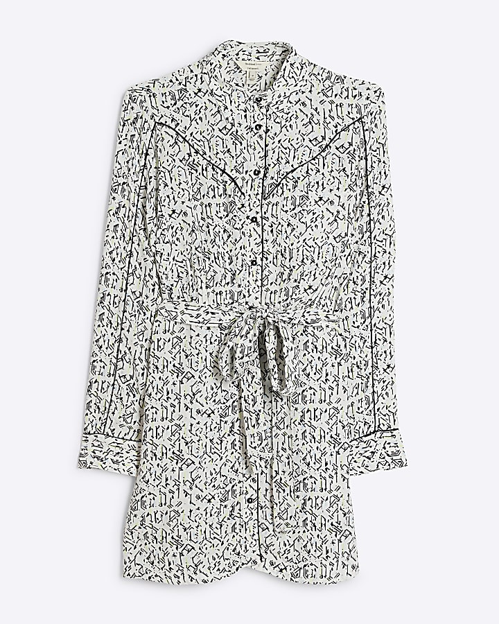 White geometric belted mini shirt dress
