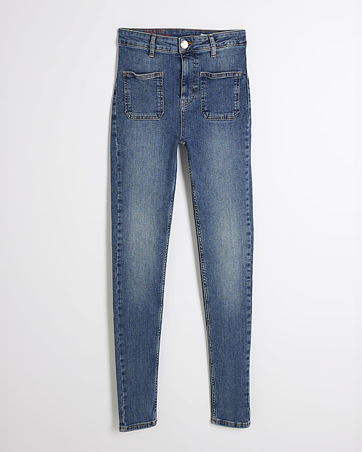 Blue high waisted pocket super skinny jeans