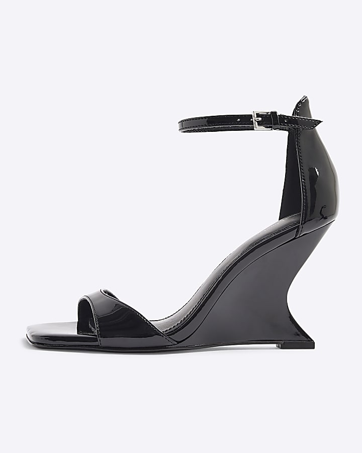 Black Asymmetric Heeled Wedge Sandals