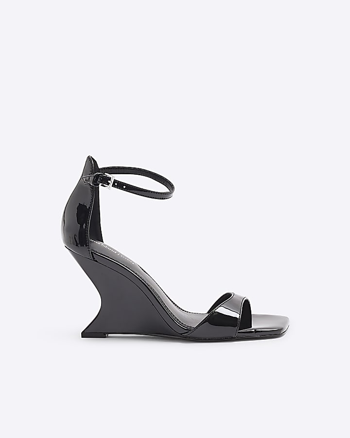 Black Asymmetric Heeled Wedge Sandals