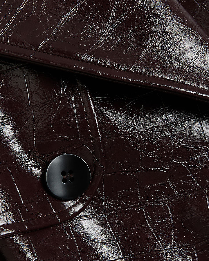 Red Faux leather Croc Embossed Trench Coat