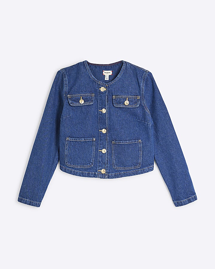 Blue Dark Denim Cropped Trophy Jacket