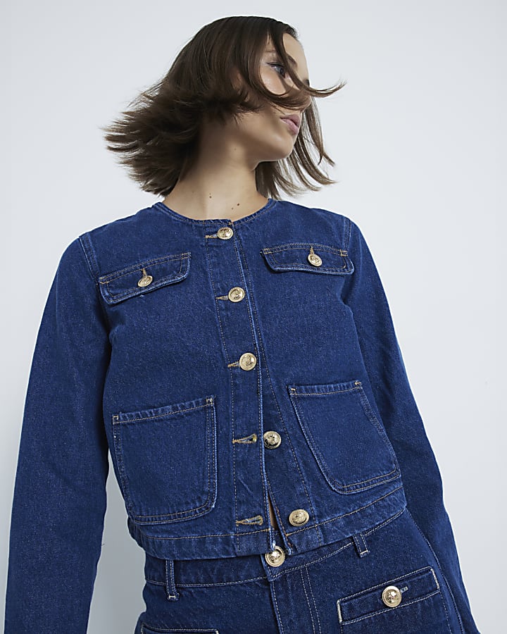 Blue Dark Denim Cropped Trophy Jacket