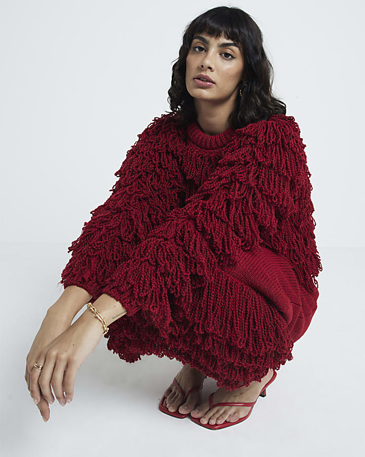 Red knit fringe jumper