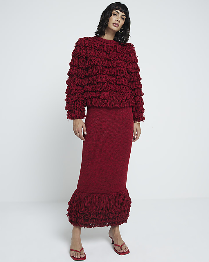 Red knit fringe jumper