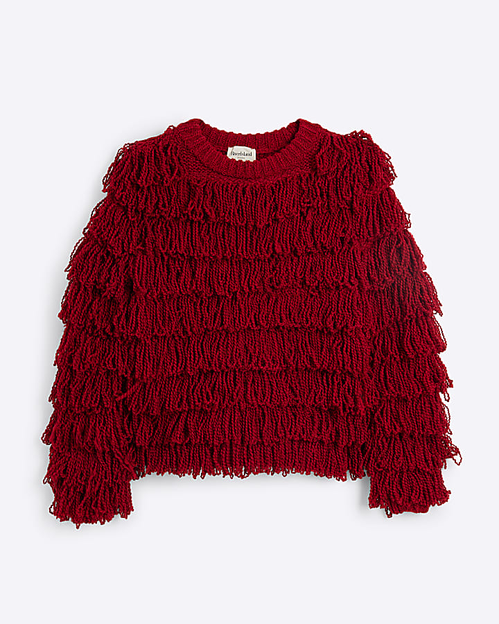 Red knit fringe jumper